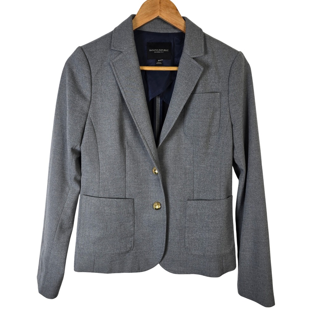 Banana‎ Republic Classic Fit Gray Blazer Gold Button Women's Size 2